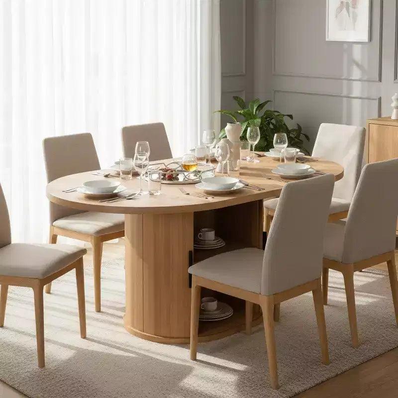 Homy Casa 59 Oval Dining Table with Storage Shelf MDF Dining Room Table Natural Wood