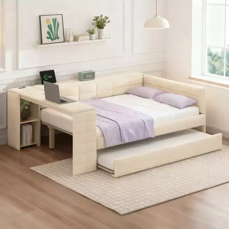 Luxystar Full Size Upholstered Platform Bed with Trundle Storage Shelves Side Desk and Charging Station