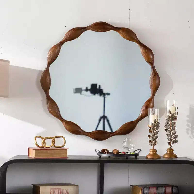 Miroir décoratif mural rond en bois à motif de vagues