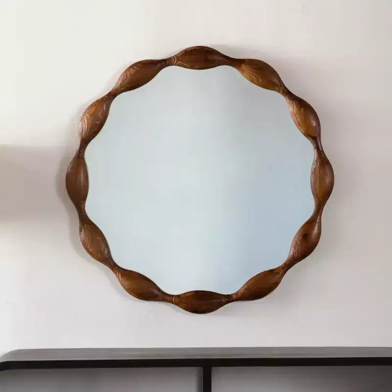 Miroir décoratif mural rond en bois à motif de vagues