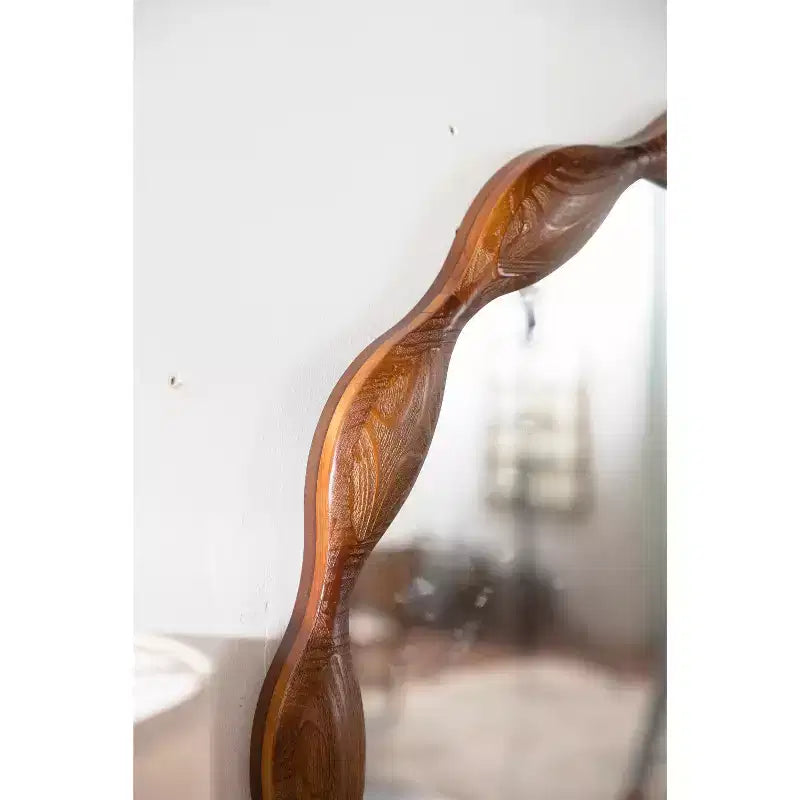 Miroir décoratif mural rond en bois à motif de vagues