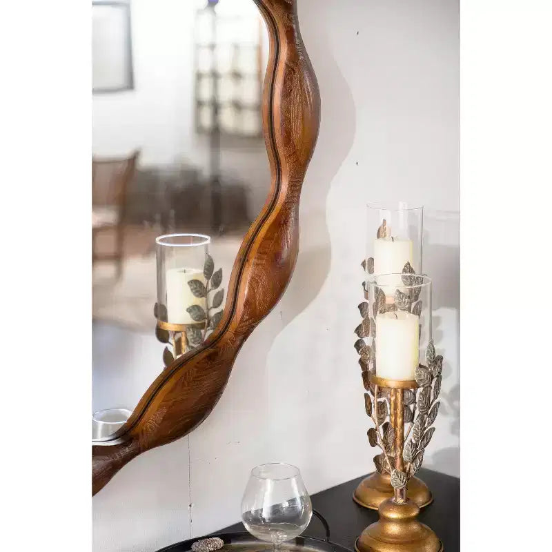 Miroir décoratif mural rond en bois à motif de vagues