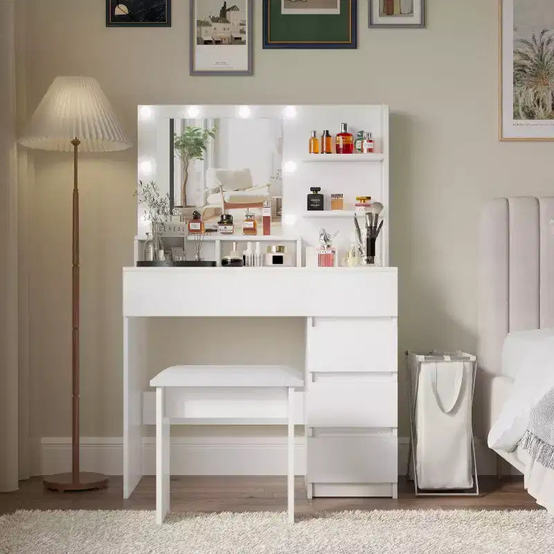 Okak Makeup Vanity with 3 Modes Large Mirror Vanity Desk with Power Strip and Stool Vanity with Chair for Living Room Bedroom White
