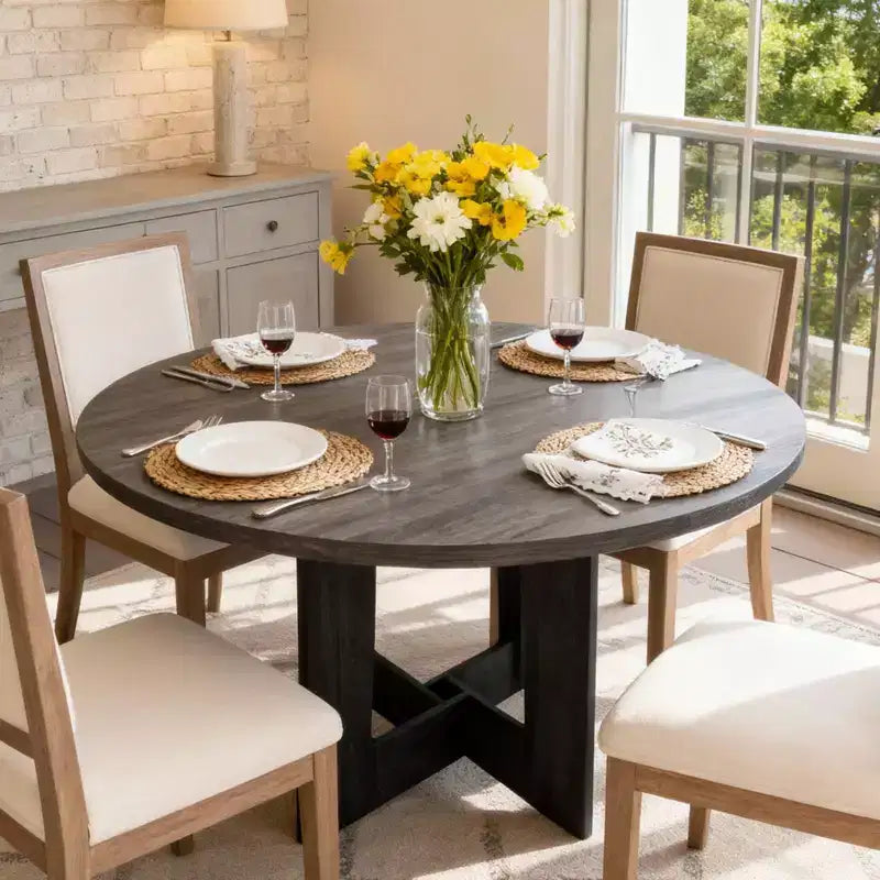 43.3 Round Farmhouse Dining Table for 4 - Wooden Circle Dinner Table with Cross Base Perfect for Kitchen Dining Room Living Room(Only Table)