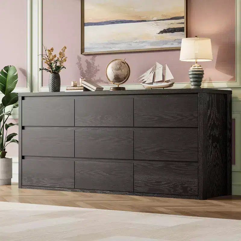 Wide Chest of Drawers 9 Drawer Wood Dresser for Bedroom Large Modern Storage Organizer for Living Room Hallway & Entryway