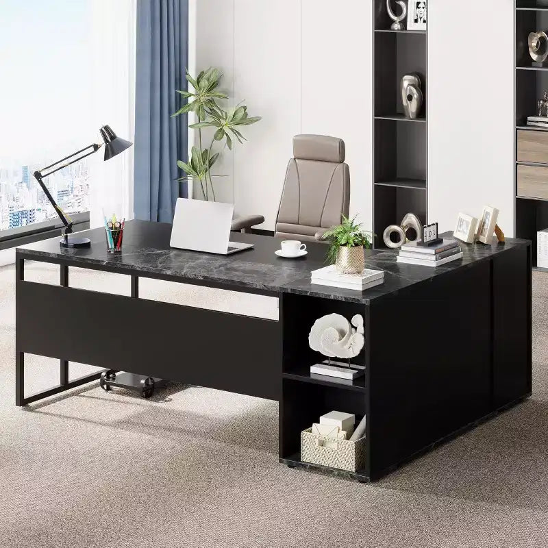 Lantine 71 inch Executive Desk L Shaped Desk with Cabinet Storage Executive Office Desk with Shelves for Home Office