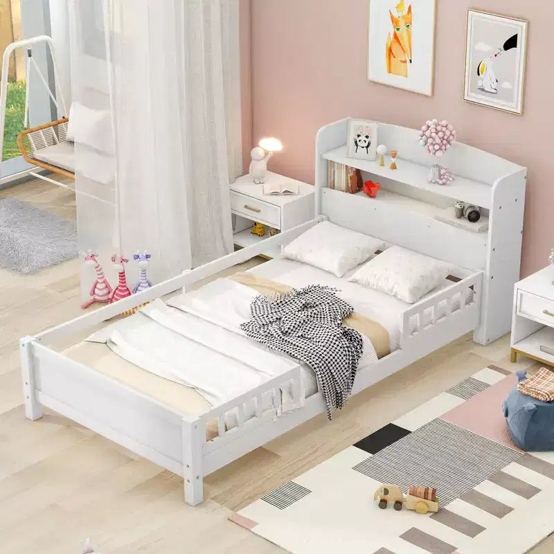TUYOHW Solid Wood Low Profile Bed with Built-in LED Lights Sturdy Slatted Montessori Bed with Storage Headboard and Safety Guardrail