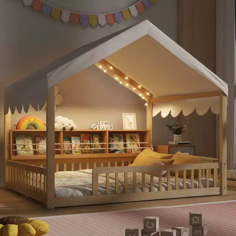Full Size Floor Bed with LED Light Wooden House-Shaped Floor Bed with Storage Bookshelves Fense and Curtain for Boys Girls