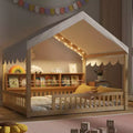 Full Size Floor Bed with LED Light Wooden House-Shaped Floor Bed with Storage Bookshelves Fense and Curtain for Boys Girls