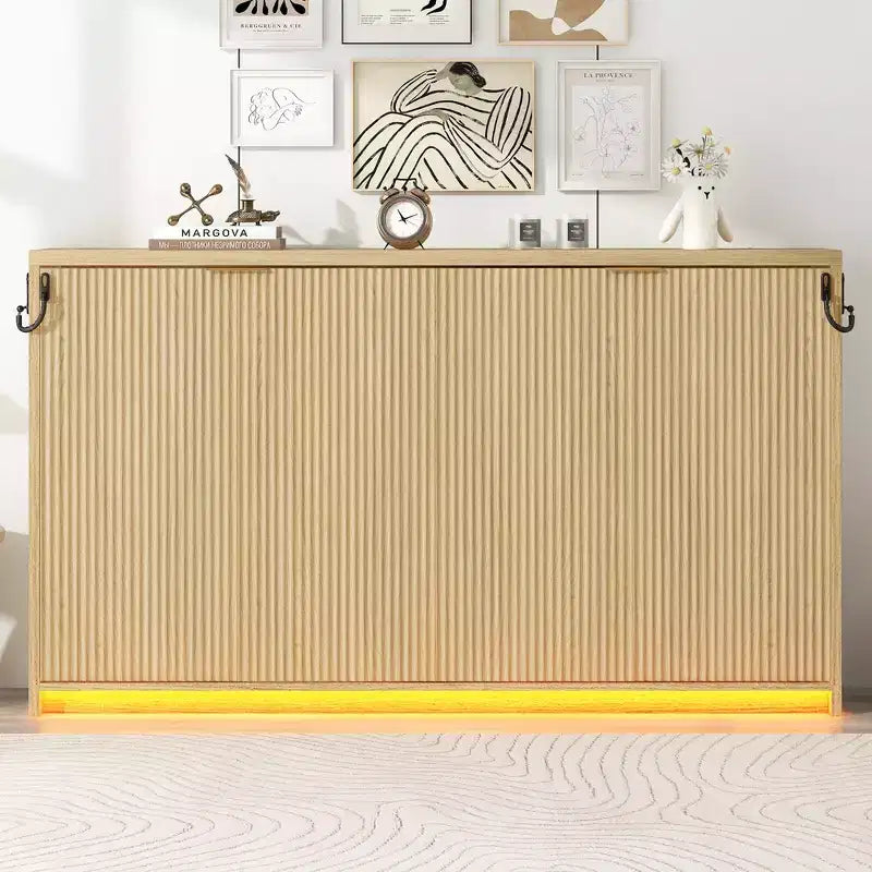 Twin XL Murphy Bed Cabinet Bed with LED Light Twin XL Size Wood Full Wall Bed Chest Murphy Bed Frame Natural