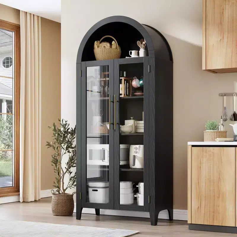 63 Tall Arched Kitchen Pantry Storage Cabinet with Glass Doors 5 Tier Modern Bookshelf w/ Adjustable Shelf Farmhouse Wooden Storage Cabinet