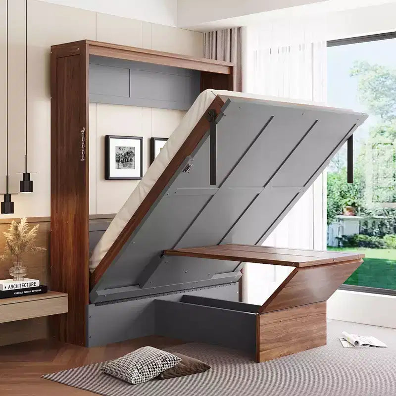 Full Size Murphy Bed Wooden Full Cabinet Bed Wall Bed with Foldable Desk Folding Wall Chest Bed for Guest Room Office